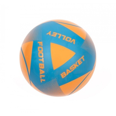Bola desportiva azul e laranja com palavras VOLLEY, FOOTBALL e BASKET