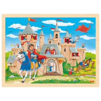 Puzzle de madeira com castelo medieval, cavaleiros, cavalo e dragão vermelho