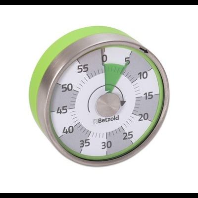 Temporizador de cozinha redondo verde e metálico com mostrador branco e marcadores em preto
