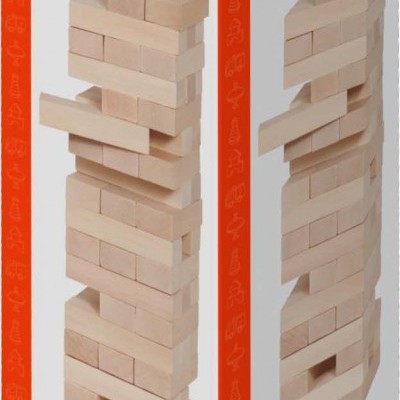 Embalagem de jogo Wackelturm com blocos de madeira clara