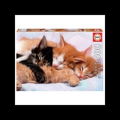 Caixa de puzzle de 500 peças com imagem de três gatinhos a dormir.
