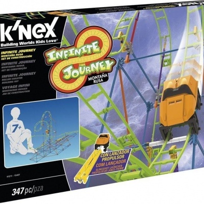Caixa de brinquedo K'NEX Infinite Journey com montagem de montanha russa e carrinho laranja