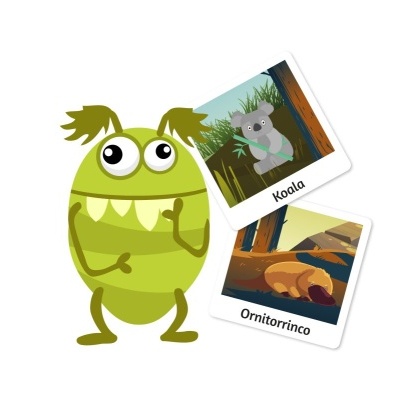 Figura animada verde com dentes grandes ao lado de imagens de polaroid com coala e ornitorrinco