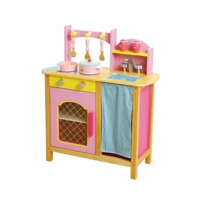 Cozinha infantil de madeira rosa e amarela com acessórios e forno de vidro