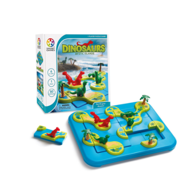 Jogo de tabuleiro DINOSAURS MYSTIC ISLANDS com peças de dinossauros em tabuleiro azul e embalagem