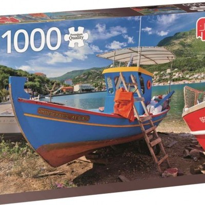 Caixa de puzzle 1000 peças com imagem de barco de pesca azul e mar ao fundo