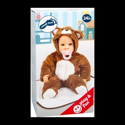 Urso de pelúcia castanho para bebé com chupeta rosa na embalagem