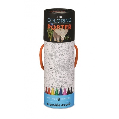 Embalagem cilíndrica de poster para colorir com alça laranja e desenho de animais para colorir