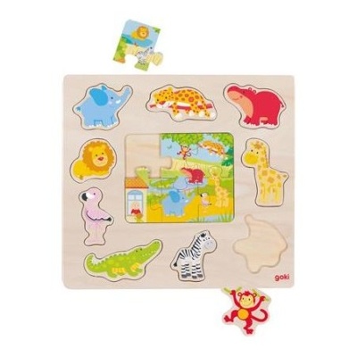 Quebra-cabeças de madeira com peças de animais coloridos e imagem central de selva.