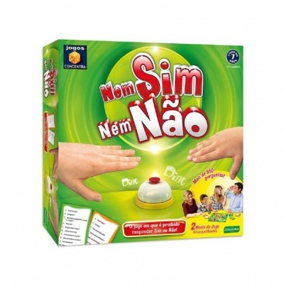 Caixa do jogo de tabuleiro 'Nem Sim Nem Não' com sino e mãos em destaque