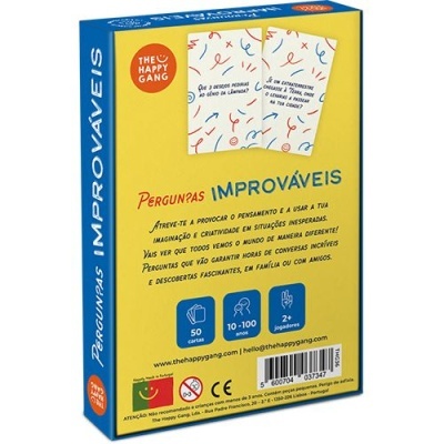 Caixa de jogo de cartas Perguntas Improváveis azul e amarelo da The Happy Gang