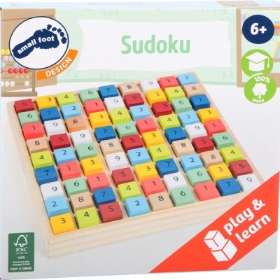 Jogo de Sudoku em madeira colorida com blocos numerados numa embalagem branca