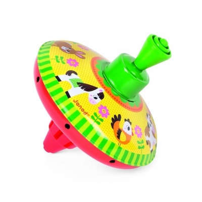 Gire-giros metálico e plástico com ilustrações de animais coloridos.