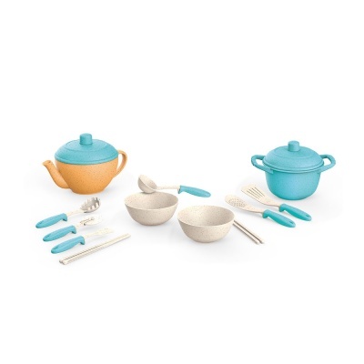 Conjunto de utensílios de cozinha de brinquedo com cores laranja, azul e bege