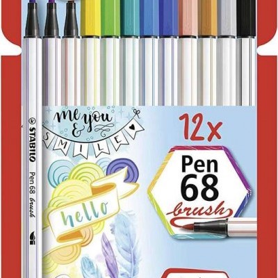 Pack de 12 canetas STABILO Pen 68 brush com tampas coloridas em embalagem vermelha
