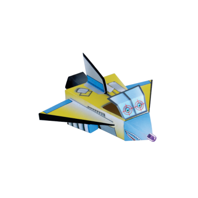 Avião de papel colorido com padrões e desenho de olhos e dentes