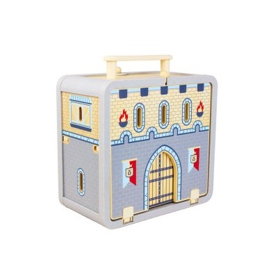 Caixa em forma de castelo medieval com pega amarela no topo