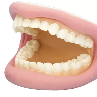 Modelo anatómico de boca aberta com dentes e fio dental azul