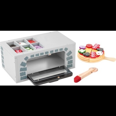 Brinquedo de forno de pizza de madeira com várias fatias de pizza coloridas e espátula