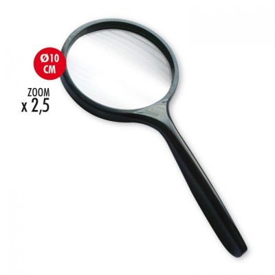 Lupa preta com lente redonda e texto de zoom visível