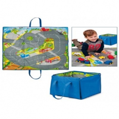 Tapete de brincar com estrada de carros e caixa de arrumação azul