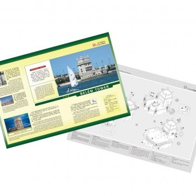 Folhas educativas com informações e esquema de montagem do Torre de Belém