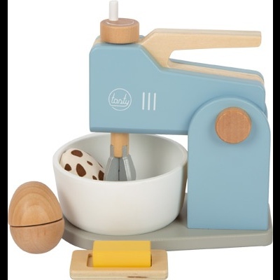 Batedeira de brinquedo azul e madeira com tigela branca.