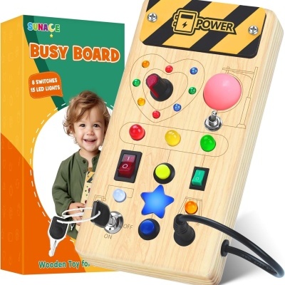 Tabuleiro de atividades para crianças com botões coloridos e luzes LED