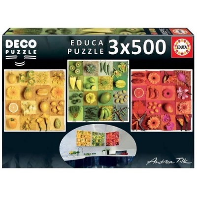 Caixa de puzzle 3x500 peças com imagens de flores e frutas organizadas por cor