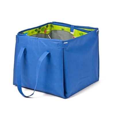 Caixa de armazenamento azul com alças e interior verde com padrão de folhas