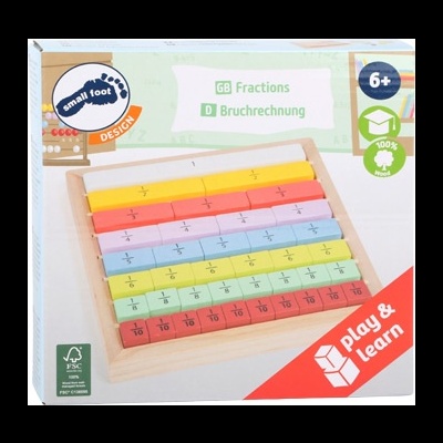 Jogo educativo Small Foot de frações em madeira colorida com várias barras e frações pintadas