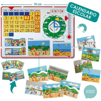 Calendário escolar de parede com calendário mensal e várias ilustrações educativas coloridas.