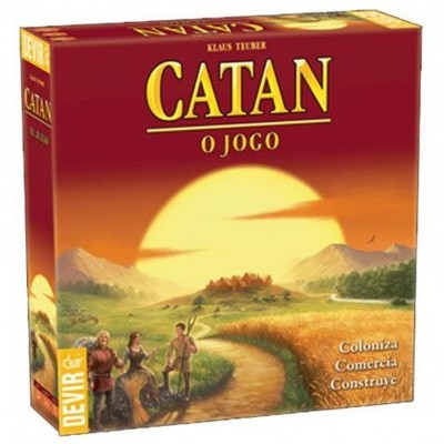 Caixa do jogo de tabuleiro CATAN com figura de pessoas e paisagem rural ao pôr do sol