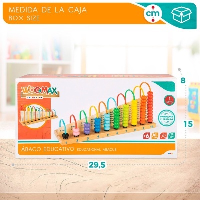 Embalagem de ábaco educativo colorido Woemax em madeira com contas em oito cores e dimensões da caixa.