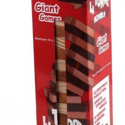 Embalagem vermelha de jogo de empilhar torres de madeira com texto e imagem do jogo.