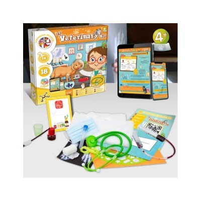 Kit veterinário infantil com acessórios médicos e caixa ilustrada