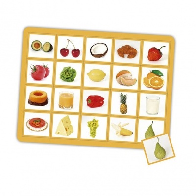 Jogo educativo com imagens coloridas de frutas, legumes e alimentos em tabuleiro