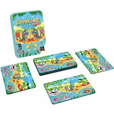 Jogo Difference Junior com cartões coloridos de animais e caixa metálica azul
