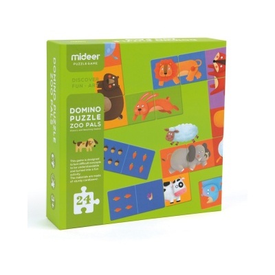 Caixa verde de jogo dominó puzzle com imagens de animais e texto em inglês.