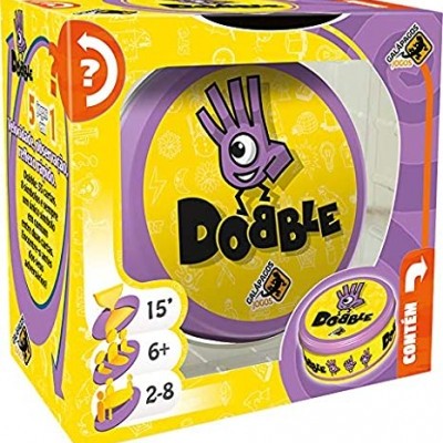 Caixa do jogo Dobble amarelo e roxo com informações de duração, idade e jogadores