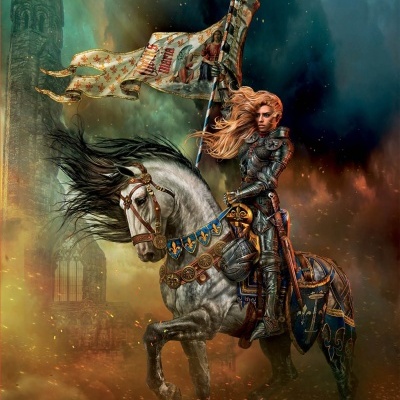 Cavaleira com armadura montada num cavalo branco com bandeira e fundo de torre antiga