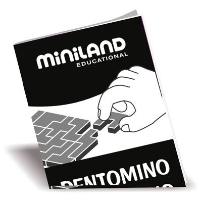 Embalagem do Miniland Educational Pentomino em preto e branco com mão e peças geométricas