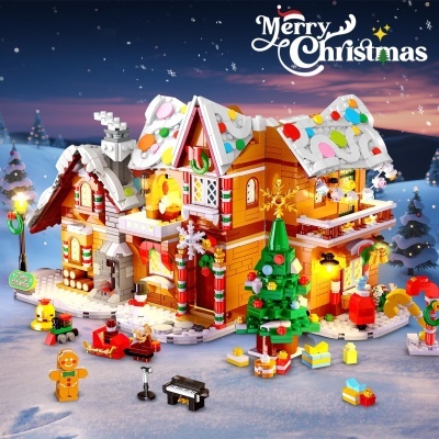 Casa de Natal de construção com decoração colorida e cenário nevado e texto Merry Christmas