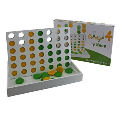 Jogo de tabuleiro 4 em linha com fichas amarelas e verdes e embalagem