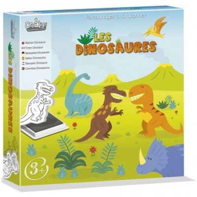 Caixa de brinquedo Les Dinosaures com dinossauros coloridos em fundo de vulcões