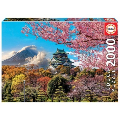 Caixa de puzzle de 2000 peças com imagem de paisagem japonesa com flor de cerejeira e castelo