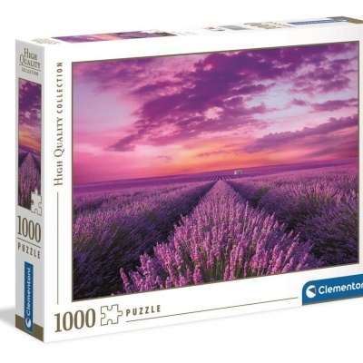 Caixa de puzzle de 1000 peças com imagem de campo de lavanda e céu ao entardecer