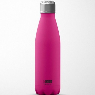 Garrafa reutilizável rosa com tampa prateada em fundo branco