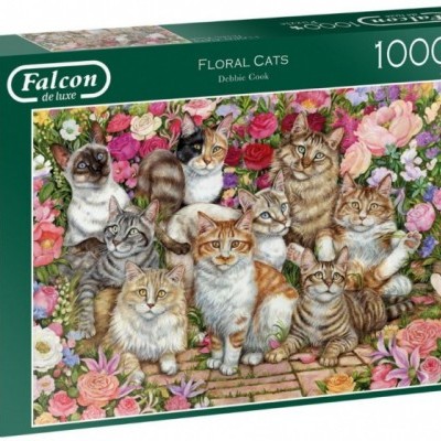 Caixa verde de puzzle Falcon de luxe com 1000 peças e imagem de gatos entre flores.