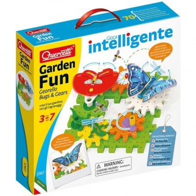 Caixa colorida do brinquedo Garden Fun com peças de puzzle e insetos coloridos